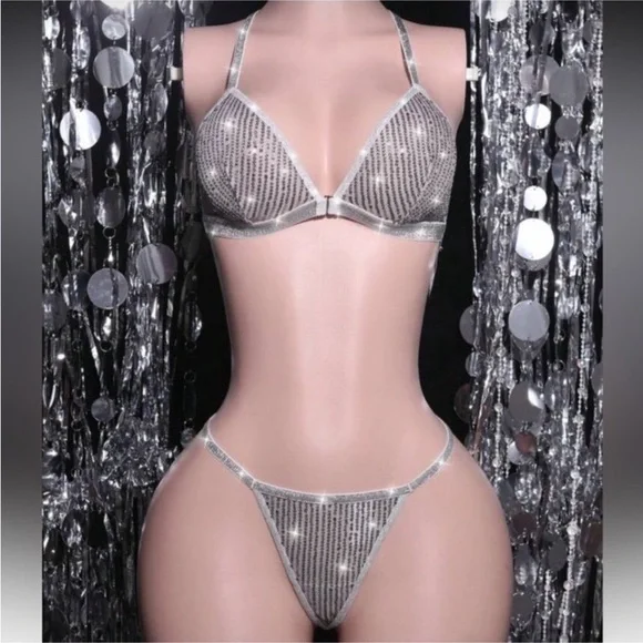 Holiday Silver Sequin 2 PC Bra & Thong Lingerie Bikini Set - Picture 4 of 14